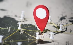 Closeup of pins on world map journey travel