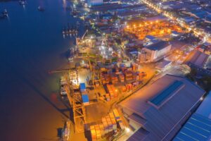 Aerial view of container cargo ship in the export and import business and logistics international goods